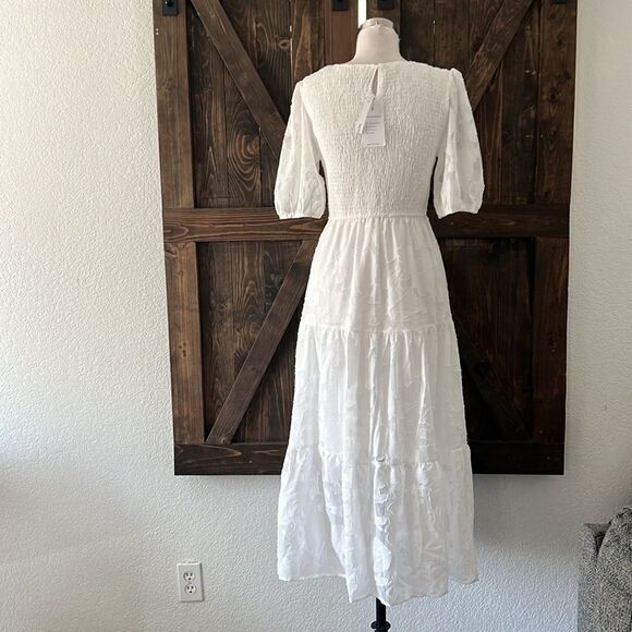 ZESICA FLORAL LACE FLOWY SHORT SLEEVE SMOCKED MIDI DRESS - Picture 9 of 16